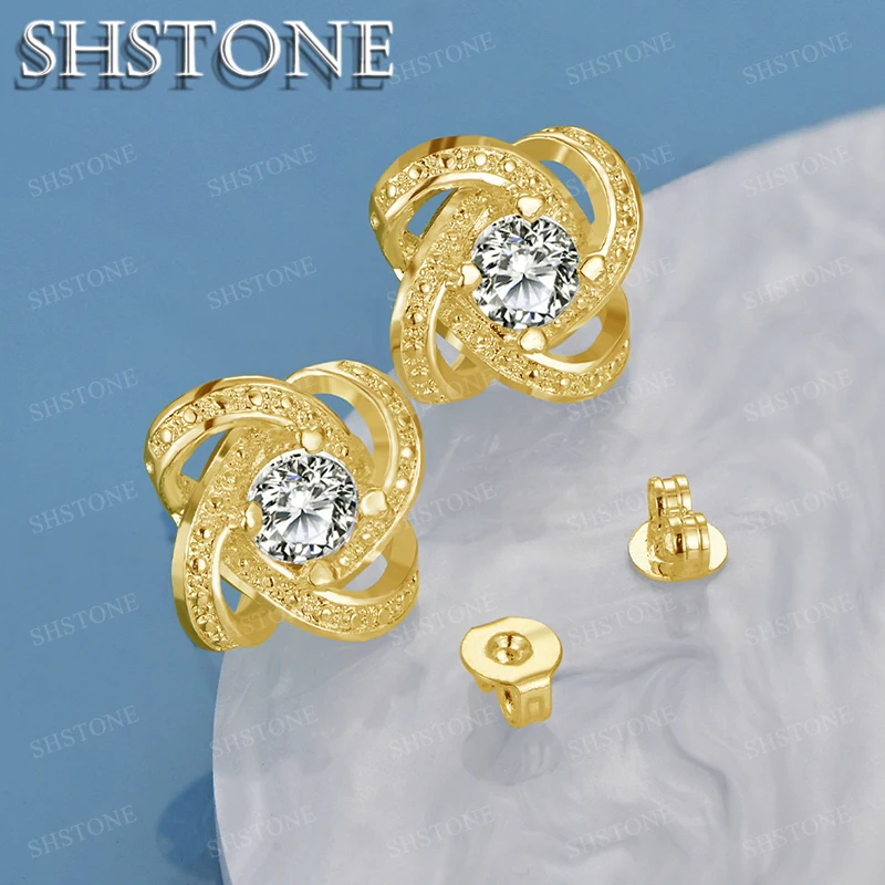 

SHSTONE 18K Gold Zircon Flower Earrings For Women Party Wedding Banquet Fashion Jewelry 925 Sterling Silver Hoop Earring Gift