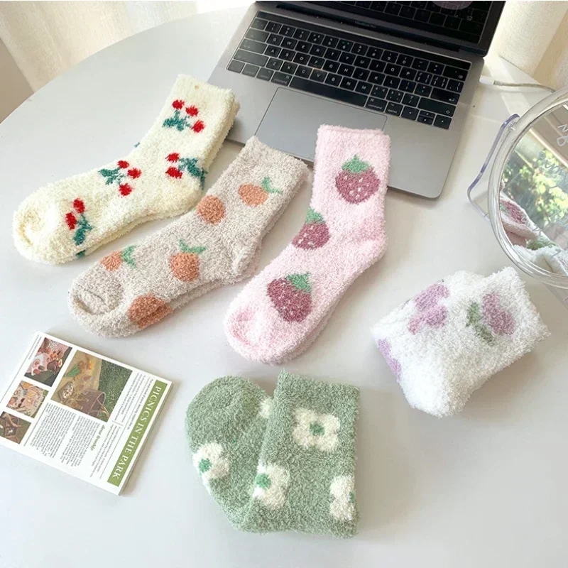 

Japanese Cream Style Women Socks Autumn Winter Cute Strawberry Cherry Jacquard Fuzzy Coral velvet Thermal Ladies Sleeping Socks