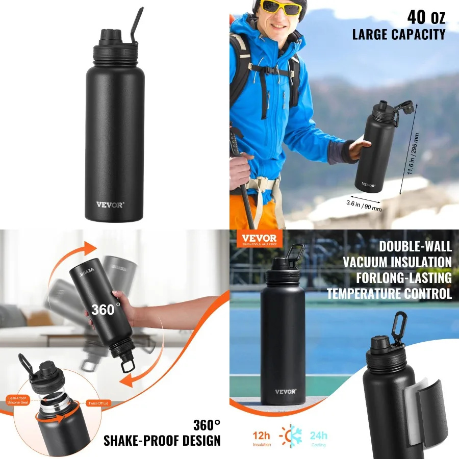 

40 oz Insulated Water Bottle Stainl Steel with Wide Mouth Lid Black