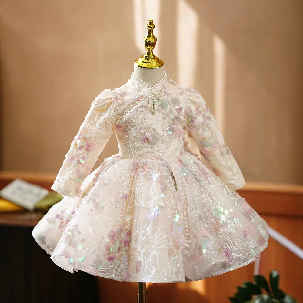 New Flower Girls Wedding Pink Princess Ball Gown Children Cute Birthday Party Dress y1725