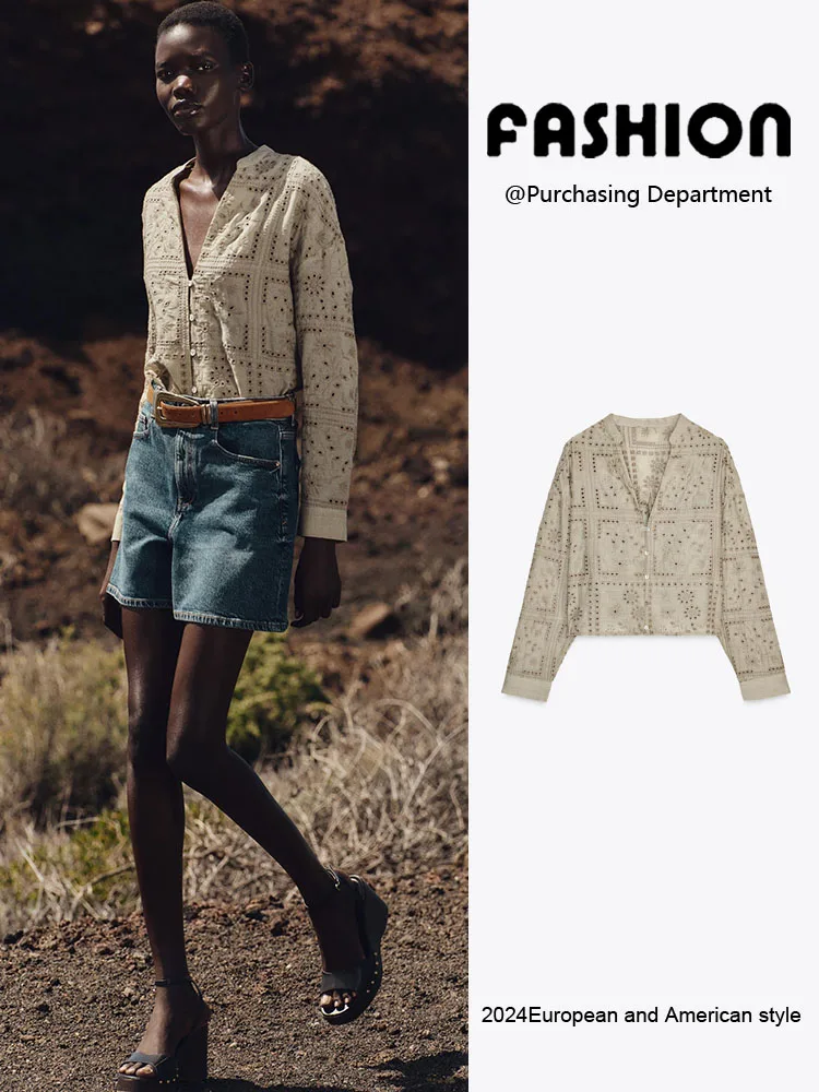 

Spring New Arrival Women's Casual Long Sleeve Embroidered Hollow out Shirt Versatile Commute Style 100% Other Material