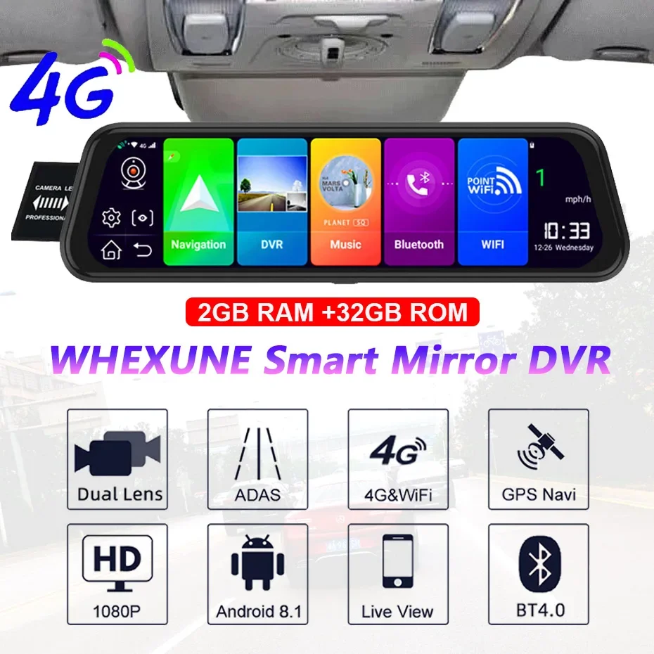 10 Inch 4G LTE Android 8.1 Dash Cam GPS Car Rearview Mirror WIFI Video Recorder ADAS Navigation FHD 1080P Dual Lens Camera DVR