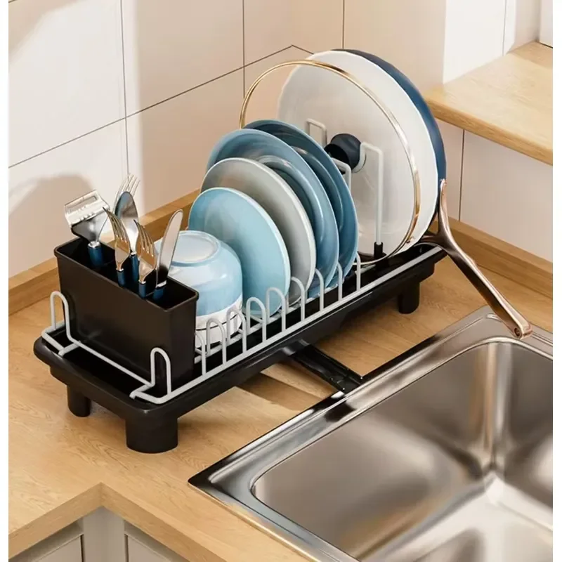 Retractable Multifunctional Oversized Sink Drain Rack Kitchen Storage Organizer with Cutlery and Pot Holder