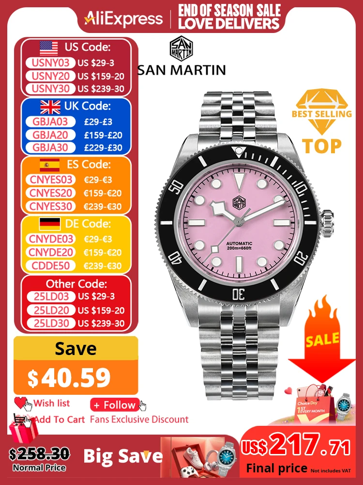 San Martin 40mm Pink BB Diver Watch NH35 Top Brand Classic Luxury Men's Automatic Mechanical Sapphire Waterproof 200m SN0128