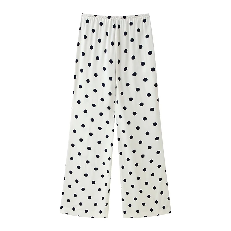 New Women Summer Satin Polka Dot Wide Leg Pants Vintage Adjustable Drawstring Waist Casual Trousers