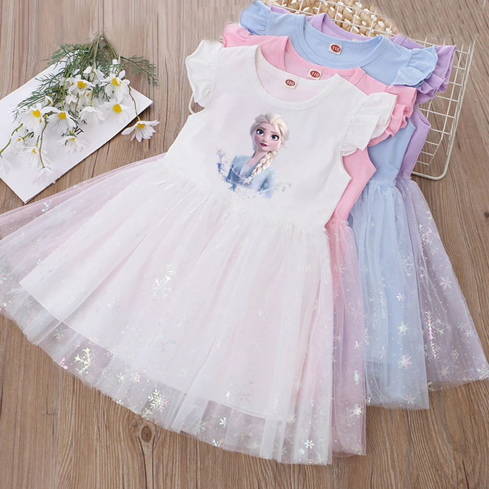 

Summer Girls Dress 2025 New Kids Clothes for Children Frozen Elsa Princess Baby Girl Short Sleeve Cute Party Dresses 2-8Y