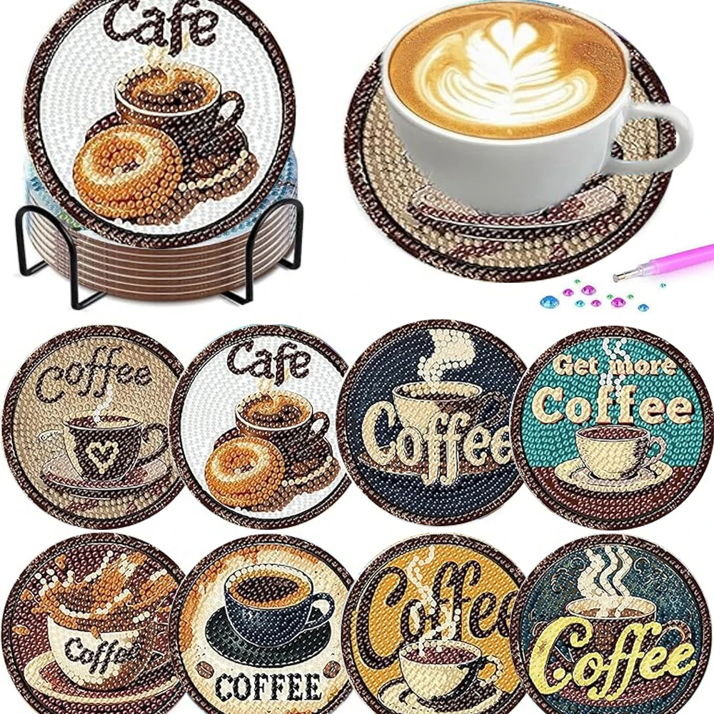 8 Pieces/Set of Diamond Painted Coaster Set Acrylic Coffee Cup Painted Coaster (With Holder) - DIY Diamond Art Craft Kit for Hom