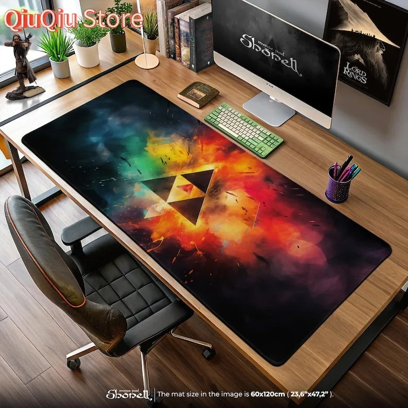 

Tri-Force Elemental Burst Mouse Pad – Zelda Symbol in Fire, Water & Wind Colors, Gaming Desk Mat, Hyrule Decor
