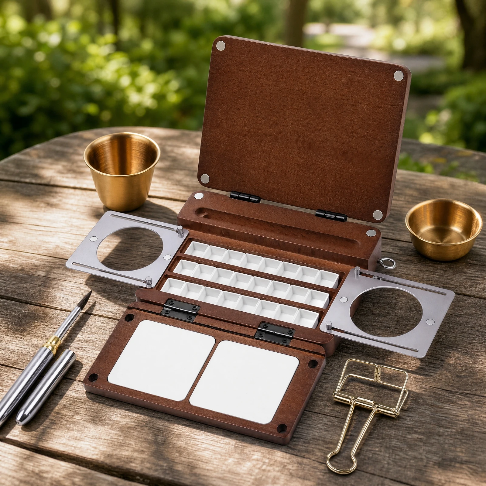 Wooden Watercolor Palette with Removable Wells Portable Wood Watercolor Palette with Tripod Mount for Plein-Air Painters