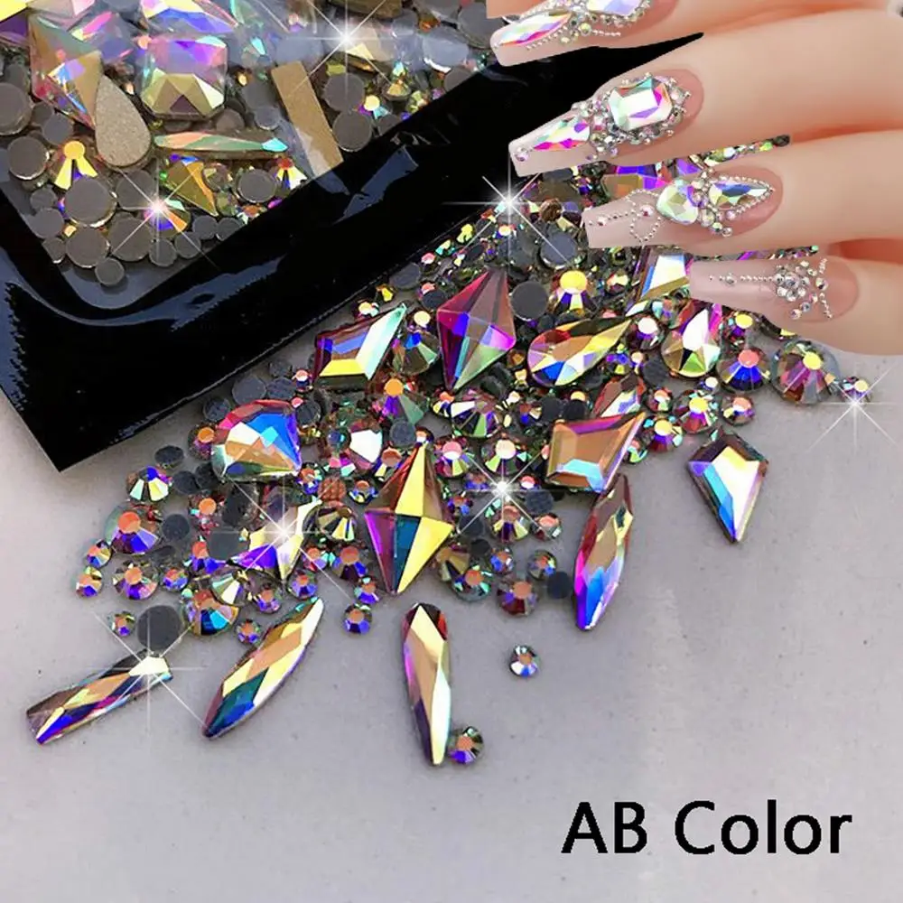 1Bag AB/Clear Flatback Mixed-Shaped Round Nail Art Charms Aurora Sparkly Gold/Red Rhinestones Xmas Manicure Decor Gems Diamonds