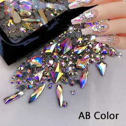 1Bag 3D AB/Clear Mixed-Shaped Round Nail Art Charms Sparkly Flatback Gold/Red Mini Rhinestones Nail Art Decorations Gems Diamond