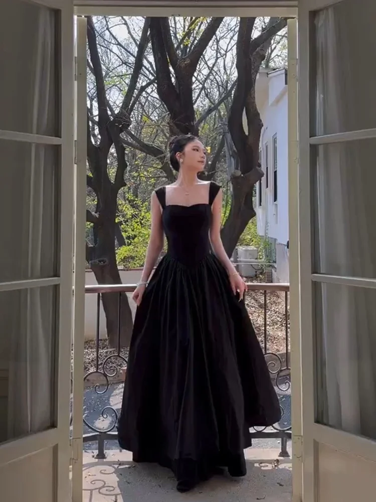 

Elegant Black Strapless Gown N13 SYXATN Hepburn Style Square Collar Slimming Waist Long Dress for Women Summer High Fashion