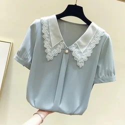 Women Spring Summer Style Blouses Shirts Lady Casual Short Sleeve Peter Pan Collar Blusas Tops