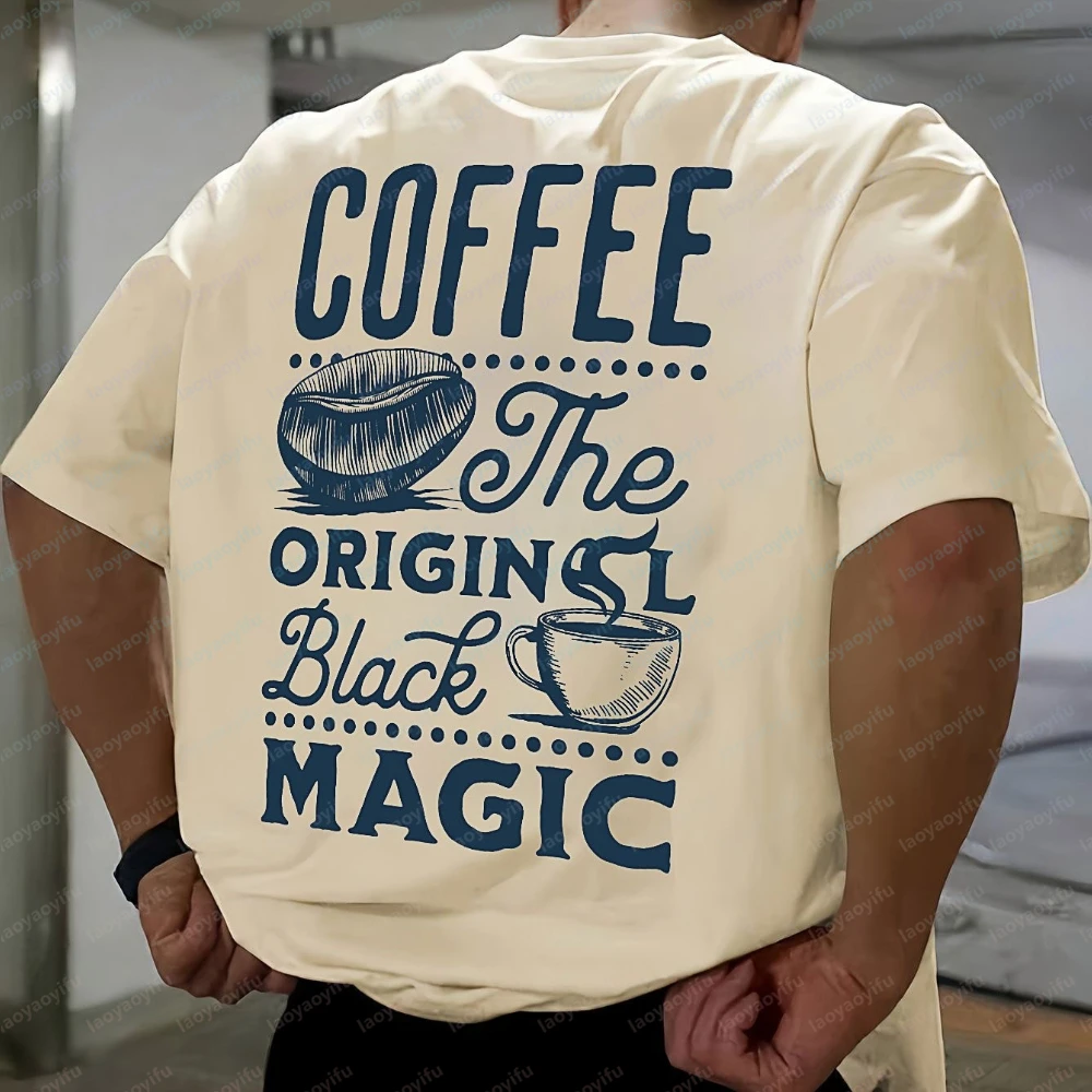 Men's Short Sleeve T-shirt Printed with English Text and Tea Cup Design Casual and Modern Round Neck Summer Outdoor Clothing Top
