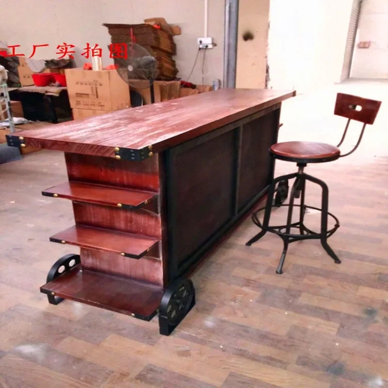 Retro solid wood wrought iron bar reception table, backrest rotating chair with wheels reception counter