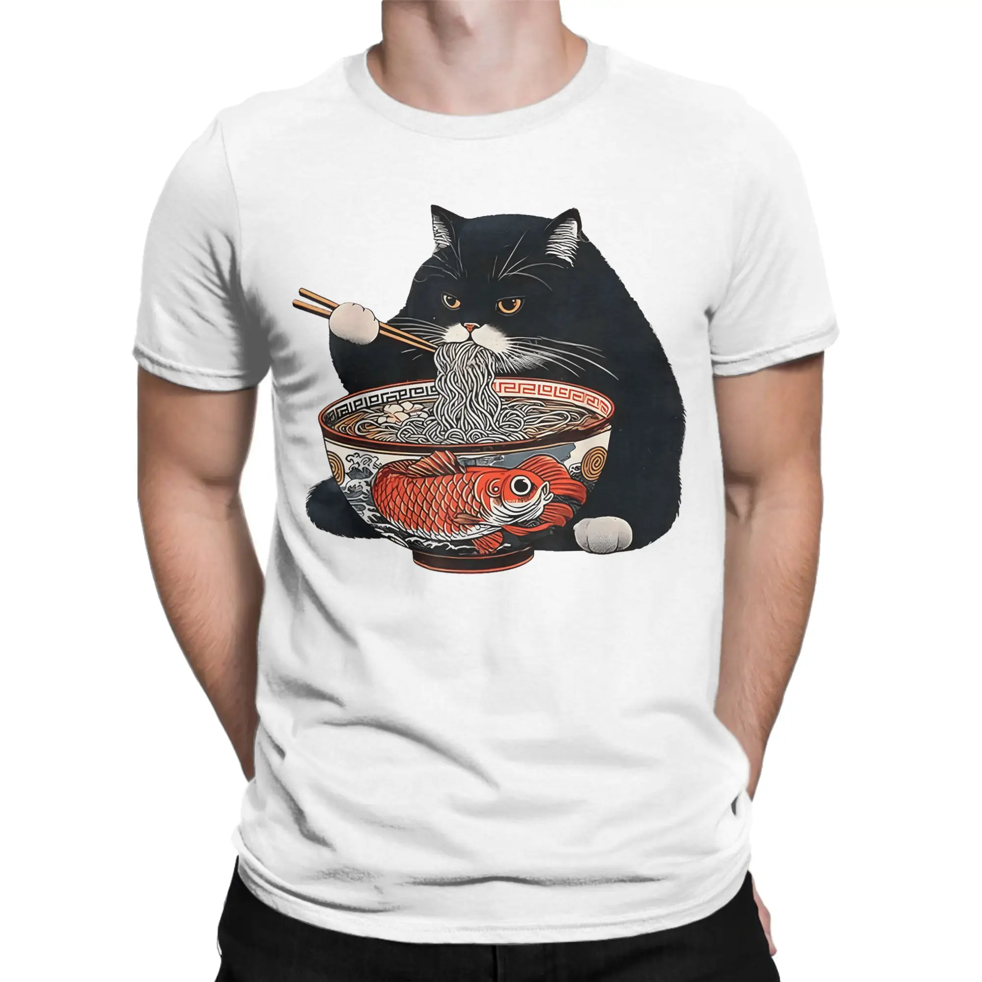 Funny Black Fat Cat Eating Ramen T Shirts Men 100% Cotton Humorous T-Shirt Crew Neck  Tees Short Sleeve Clothing Adult