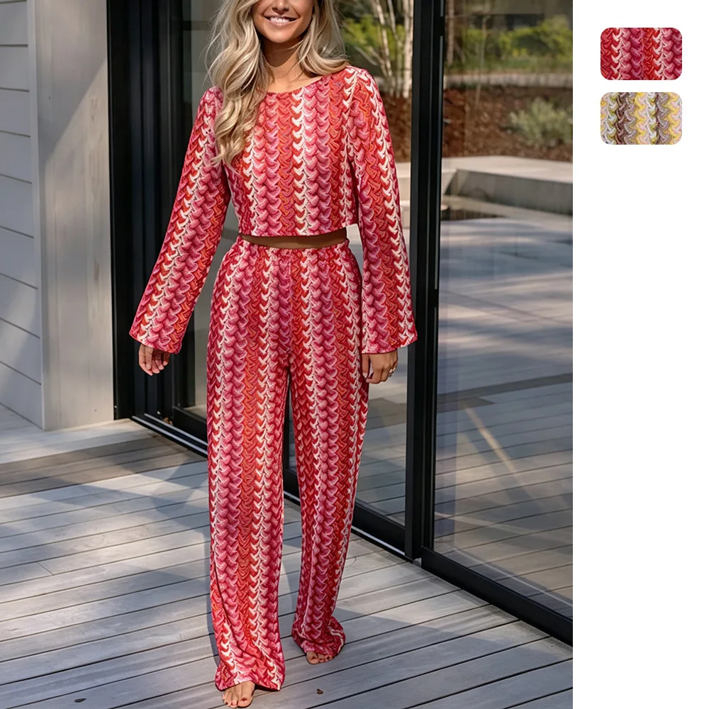 Women's Long Sleeve Long Pants. Two Piece Set Circular Neck Crochet Knitted Female 3051 Summer Maxi Dress Boho Clothes Beach