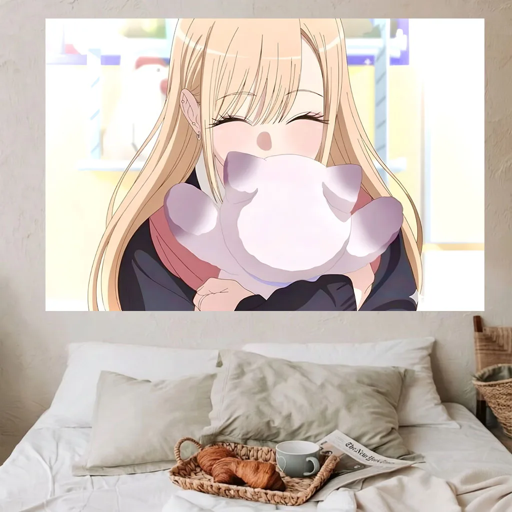 Cute Blonde Anime Girl Tapestry Closed Eyes Hug Pink Cat  apestry Aesthetic Teen Dorm Bedroom Background Cloth Japanese Manga