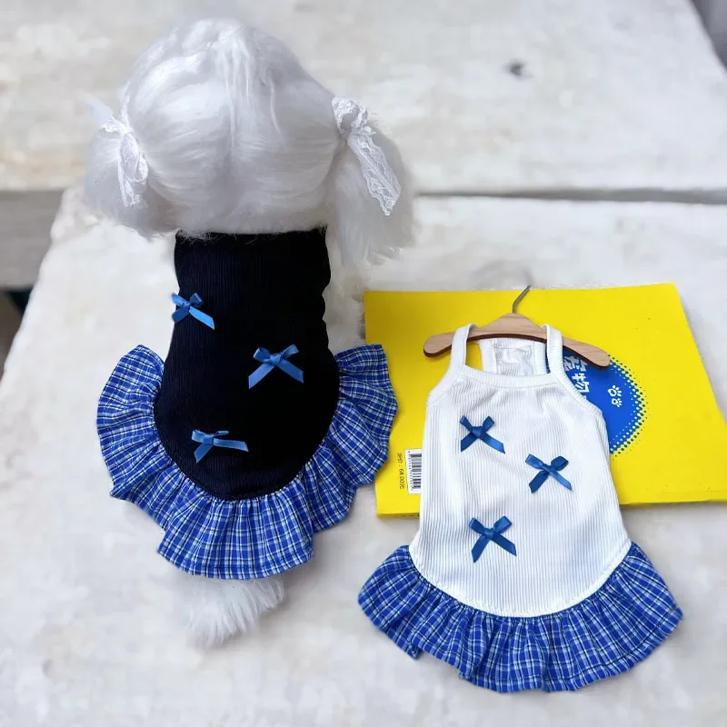 

Bow Pet Clothes Summer Checkered Strap Dress Dog Dress Princess Pet Yorkshire Cartoon Dog Dresses for Small Dogs Puppy Clothes