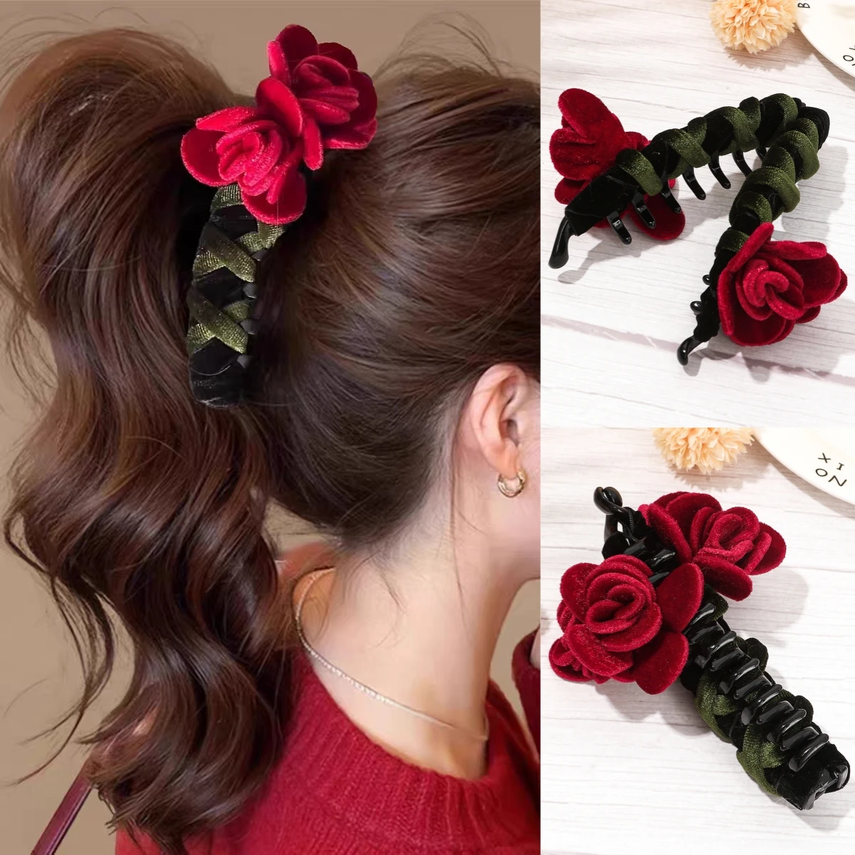 

1pc Fashion Rose Flower Twist Banana Clip Vertical Clips For Women Girls High Ponytail Holder Hair Clip Hairpin Elegant Headwear