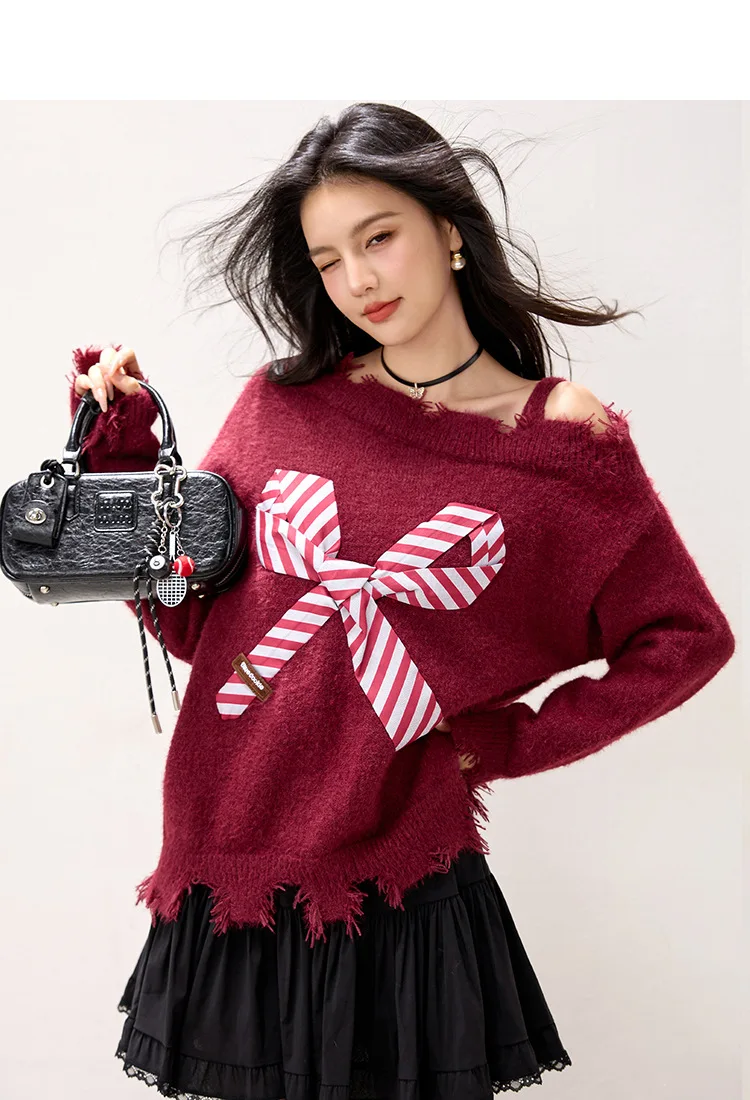 เสื้อสเวตเตอร์เปิดไหล่ผูกโบว์ สไตล์วินเทจ ฮ็อตสวีท สำหรับผู้หญิง สไตล์เกาหลี ลำลอง สบายๆ สายเดี่ยว ฮิปฮอป สีแดง สีขาว