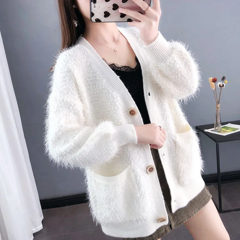 Bright Silk Knitwear Cardigan Women\'s Spring Autumn New Loose Thick Sweater Jacket Female Casual Knitted Sweaters Coat Trend 3XL