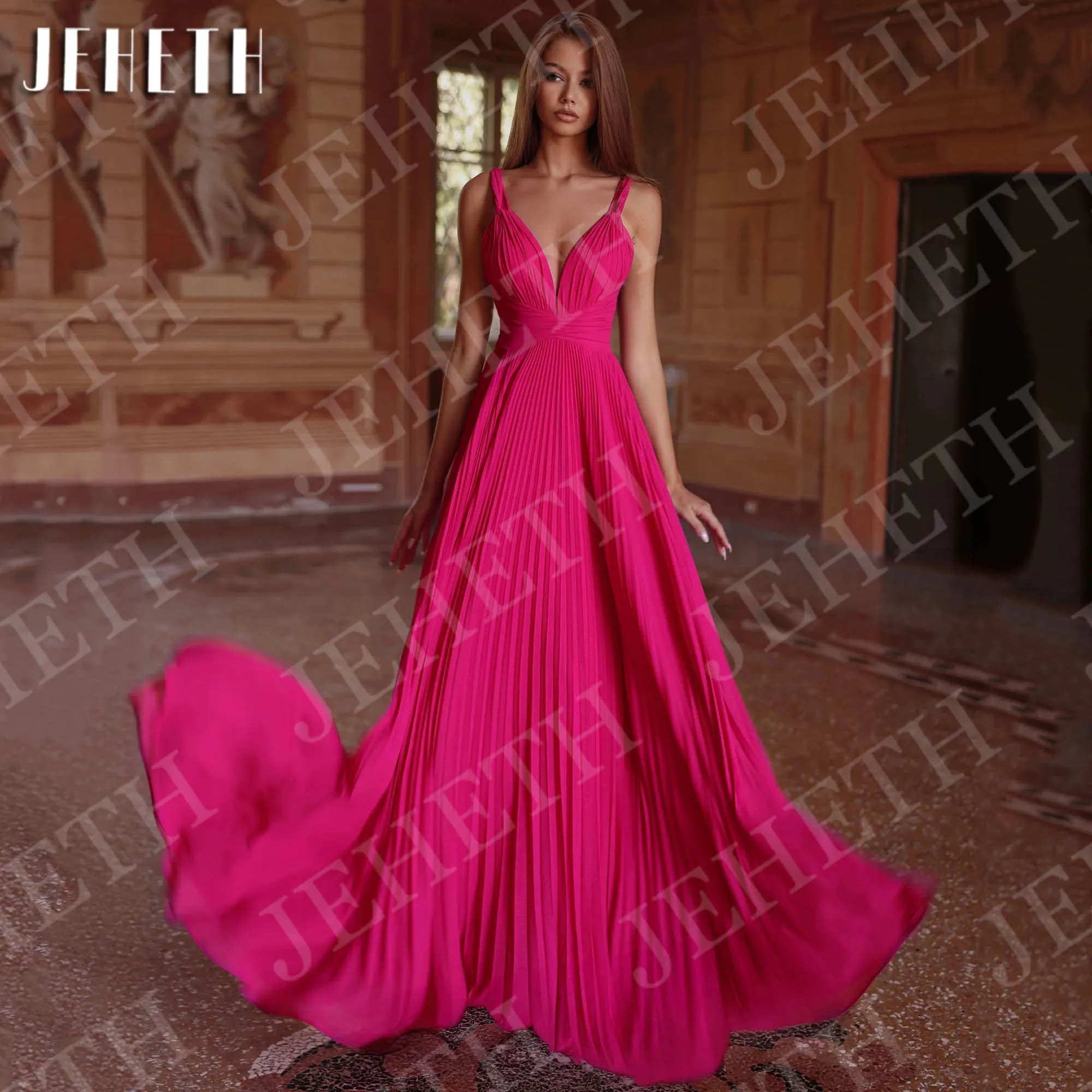 

JEHETH Elegant Chiffon Prom Dress Pleated Floor Length V Neck Sleeveless Formal Evening Dresses Customized robe de soirée femme