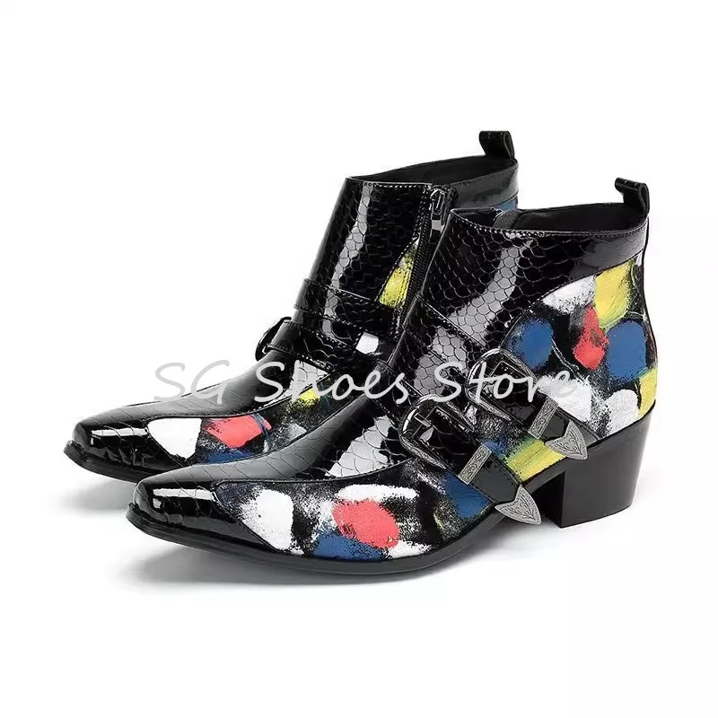 Pointed Toe Chunky Heel Belt Buckle Ankle Boots Male Chelsea Boots Mixed Color Graffiti Prints Splicing Leather Shoes for Men