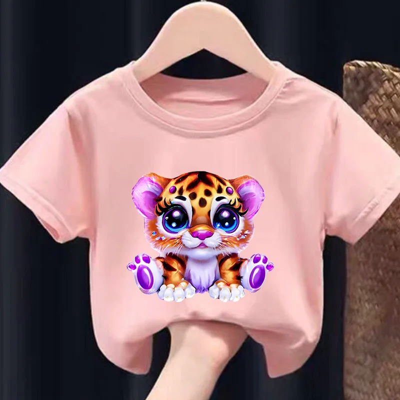 Colorful Cute Tiger Print Girls Soft and Stretchy Round Neck Short Sleeve T-shirt Kids Clothes  Clothes  Girls Clothes