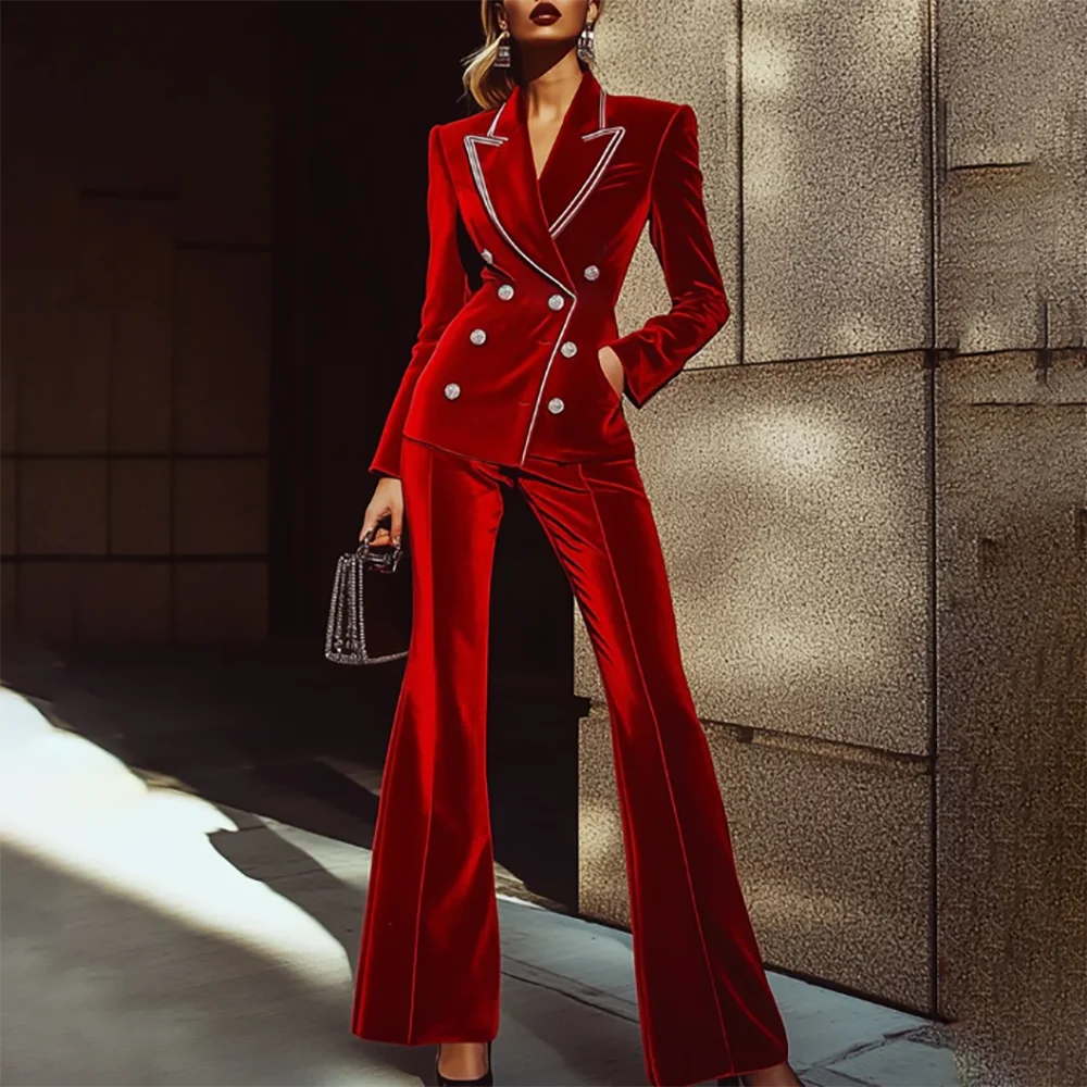 

Зимняя женская красная бархатная куртка Slim Fit, теплый двубортный пиджак с остроконечными лацканами и брючный костюм, комплект официального вечернего наряда
