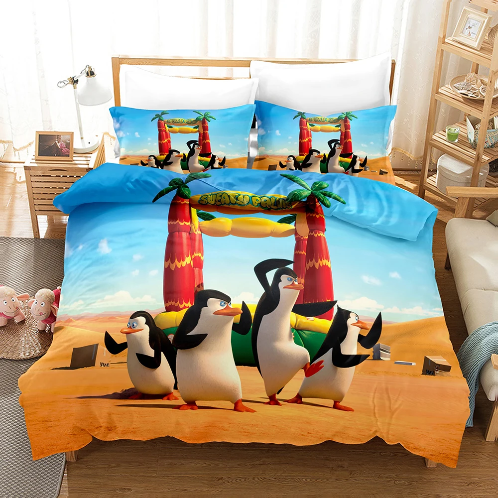 Cartoon Penguins Madagascar Bedding Set,Duvet Cover Bed Set Quilt Cover Pillowcase,King Queen Twin Size Boys Girls Adults