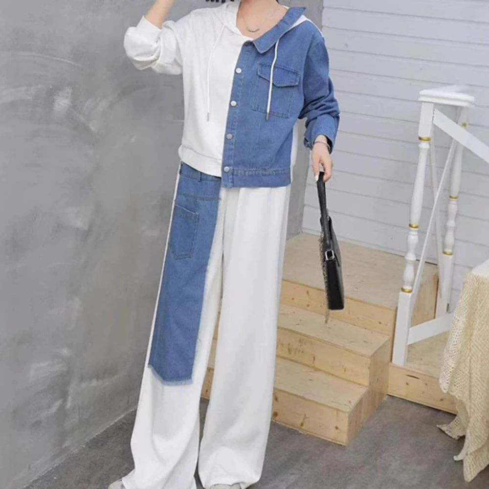 

Denim patchwork hooded long-sleeved sweatshirt top + elastic waist wide-leg trousers two-piece set-GZTZ033