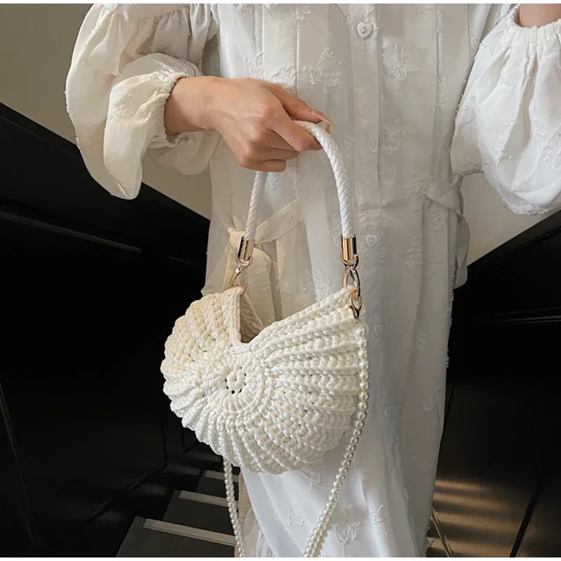 Conch Shell Knit Crochet Umhängetasche, Perlenkette, handgefertigte gewebte Damen-Umhängetasche, elegante, zarte, süße, kompakte Geldbörse – Detail 10