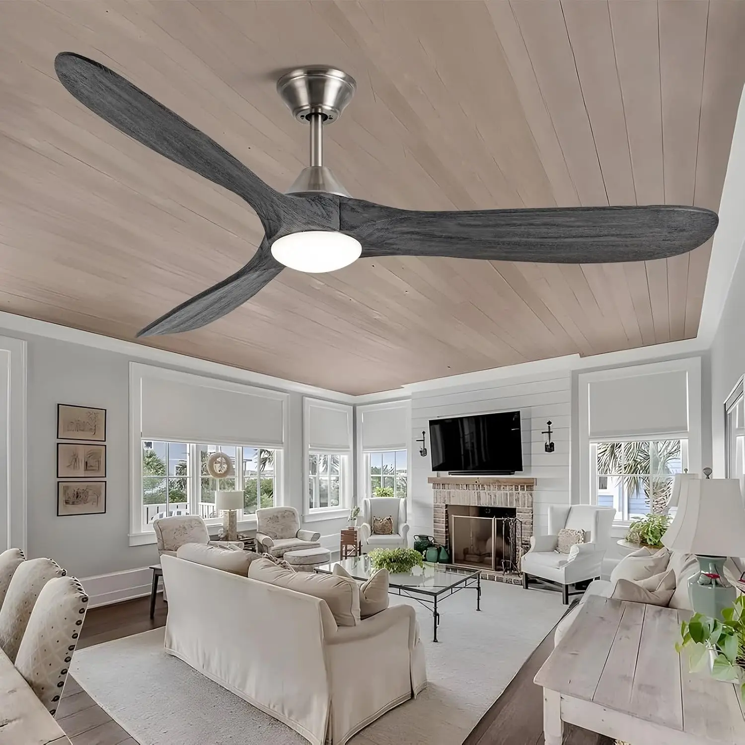 Outdoor Ceiling Fan with Light, 60 inch Ceiling Fan with Light and Remote, Modern Wood Ceiling Fan, Fan for Indoor