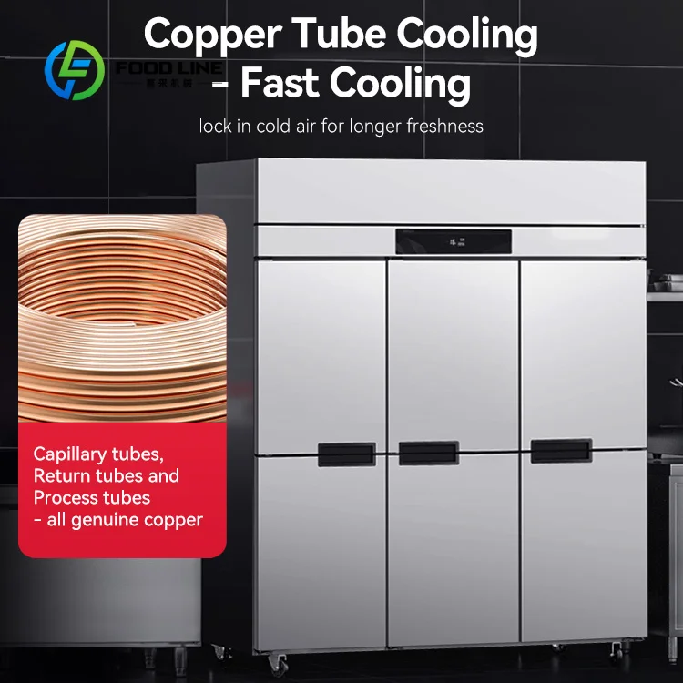 Customized CE Commercial Refrigeration Stainless Steel Direct Cooling 6 Door Double Temperature Freezer Refrigeration Glass Door