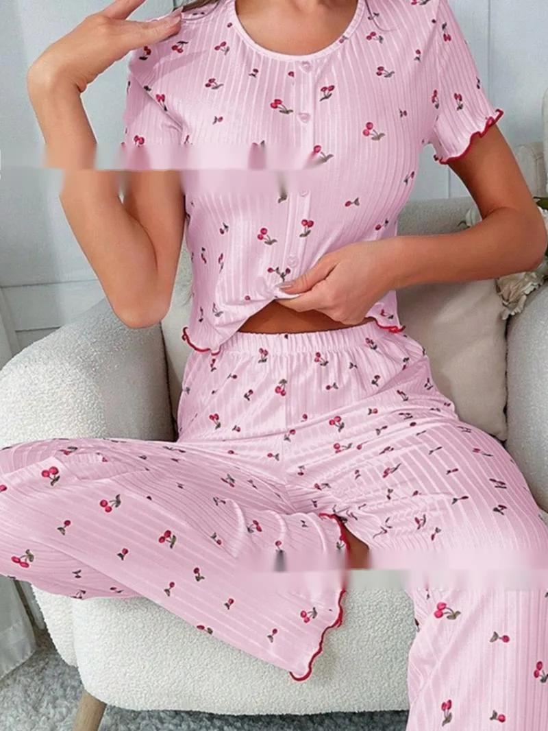 

Cherry Print Ruffle Ribbed Homewear Short Sleeve Long Pants Sets For Women Summer Casaul Style Solid Color Pants Sets Charm I02E