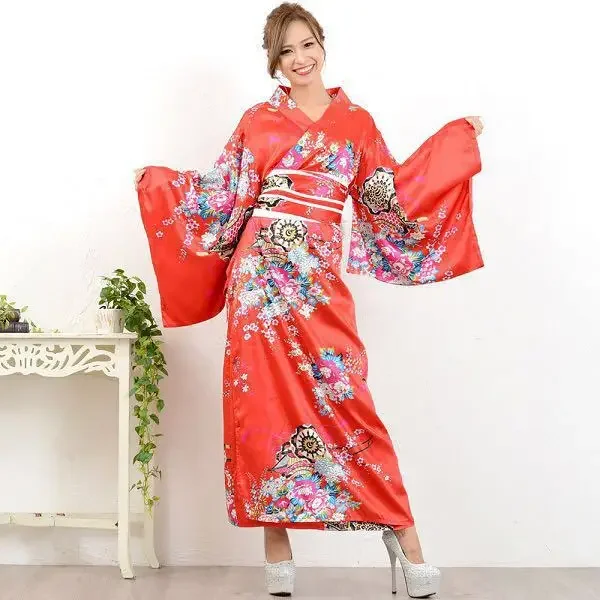 Japanese Traditional Ethnic Women Kimonos Girls Anime Performance Wear Flower Print Formal Clothing Bathrobes Cosplay Costume