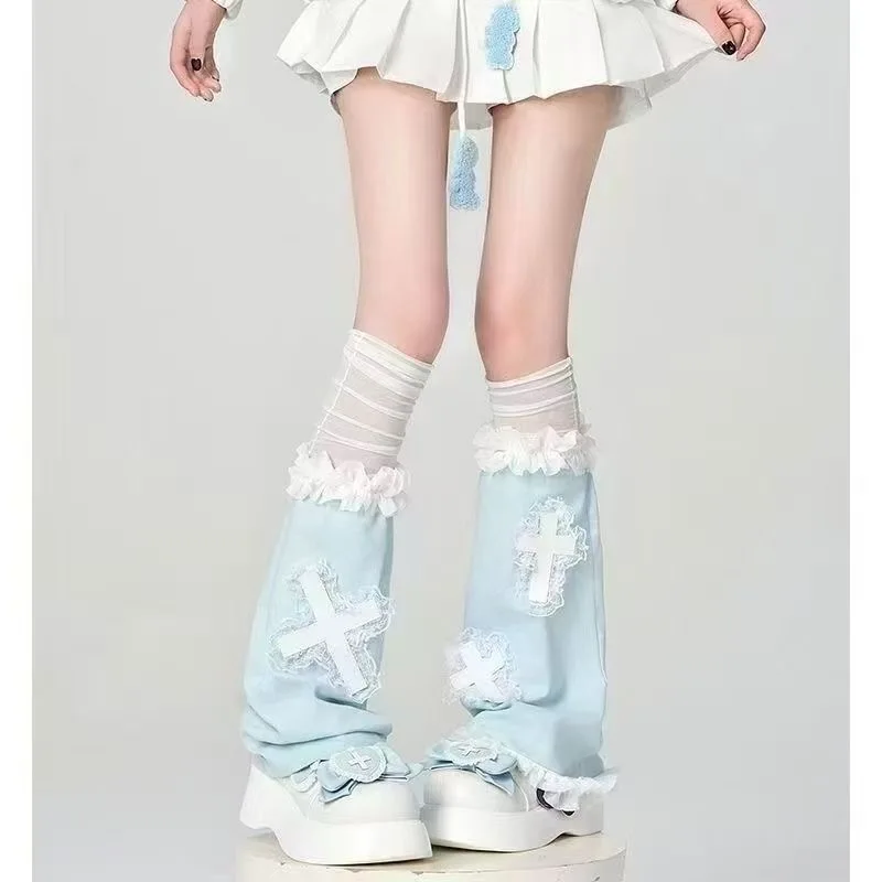

Japanese Harajuku Y2K 2000s socks with ruffles blue JK lace stocking Lolita cosplay kawaii stockings long socks cute core