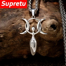 Charm Moon Spiral Goddess Necklace Men Women Wicca Neopagans Stainless Steel Pendant Amulet Fertility Goddess Jewelry Girl Gifts