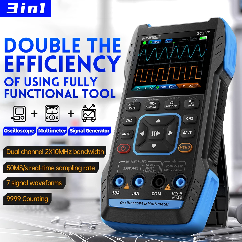 FNIRSI 3 in 1 Digital Oscilloscope Multimeter Dual Channel 50MS/s Sampling Rate 10MHz*2 Bandwidth Function Signal Generator