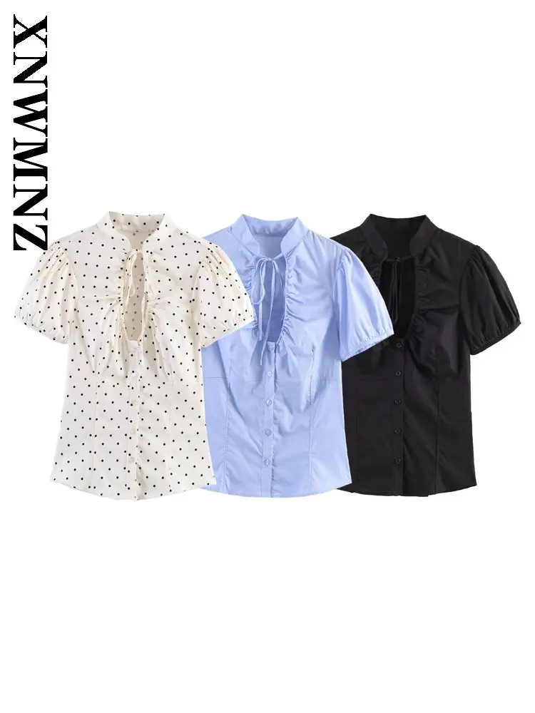 

XNWMNZ 2026 Summer New Lady Casual Simple Stand Collar Short Sleeve Satin Shirt Versatile Vintage Woman Commuting Thin Slim