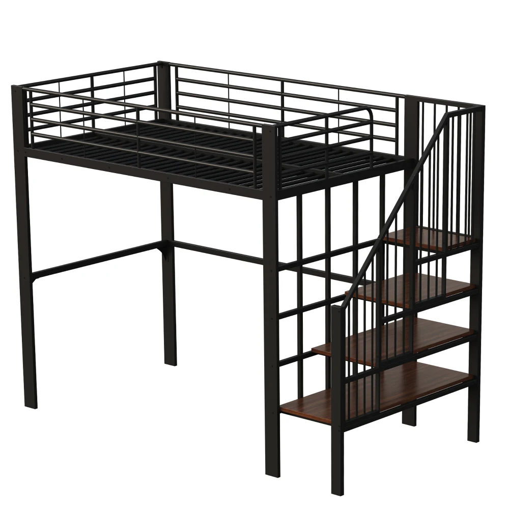 Stabiles Hochbett aus Metall, 90 x 200 cm/140 x 200 cm, mit geräumigem Stauraum unter dem Bett und Treppe für Kinder und Erwachsene, Bettgestelle und -gestelle – Detail 24