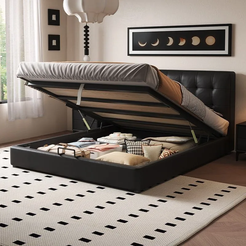 Leather bed double 1.8x2 meters antique waffle small apartment bedroom bed