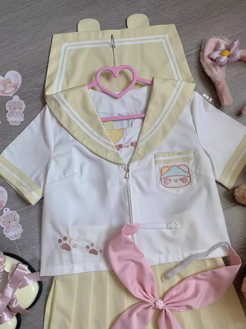2025 New Japanese Summer Original Sailor Collar Bow Cute Cartoon Print Pocket Short Sleeve Top with Short Skirt Suit For Women