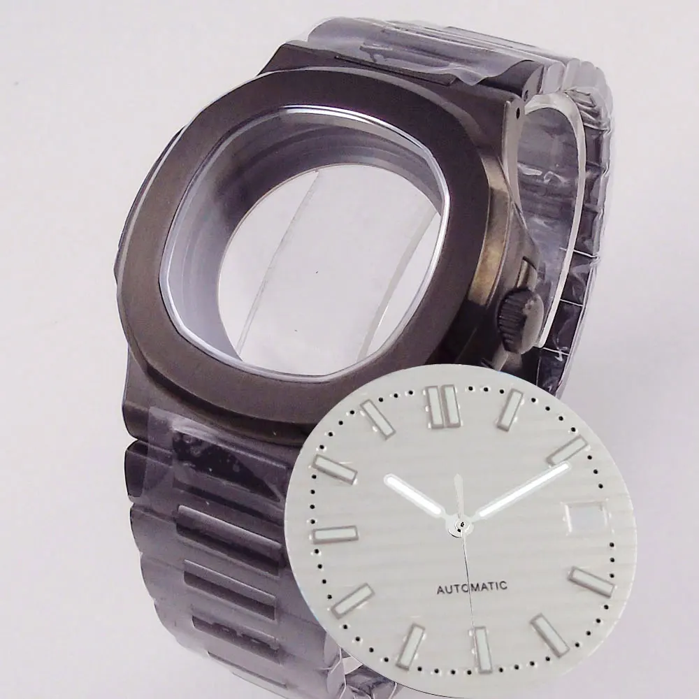 Caixa de relógio quadrada preta, peças de vidro safira, 40mm, PVD, Nautilus, Japan, NH35A, NH34, NH70, 4r35