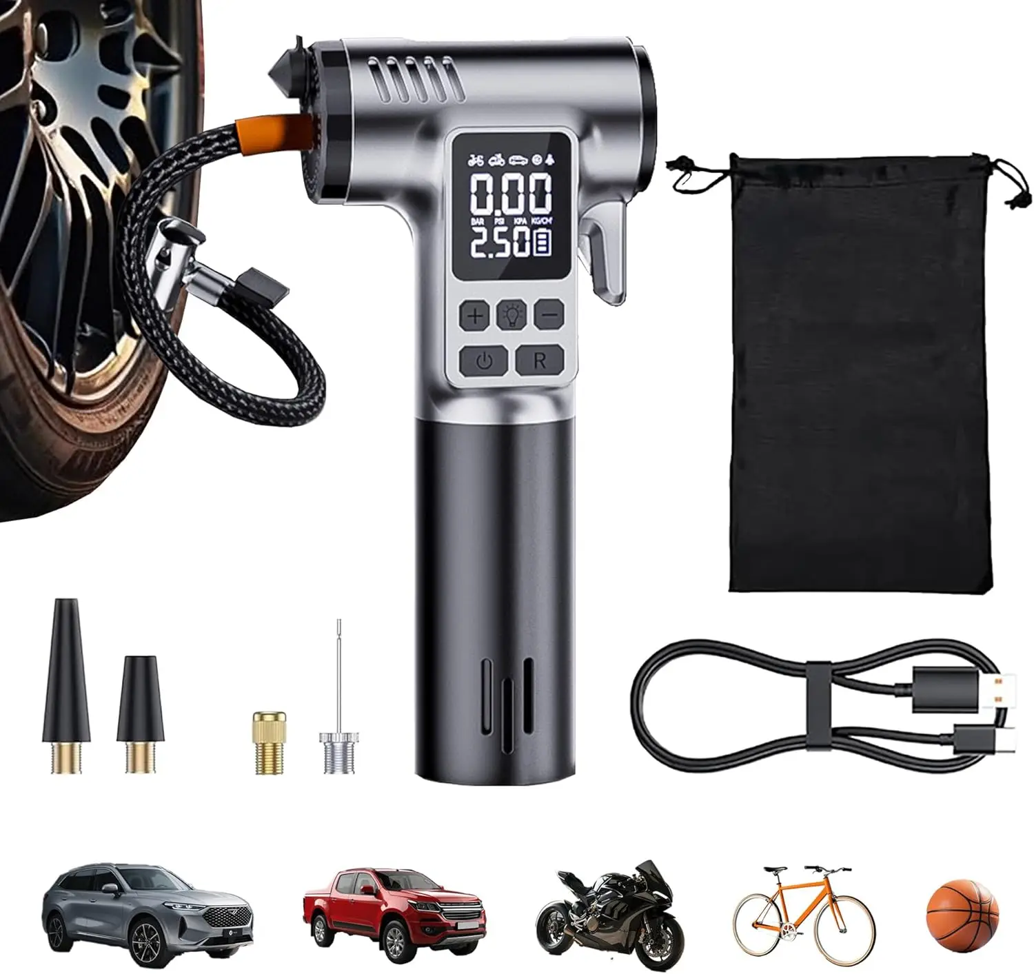 

Portable 150PSI Tire Inflator with LCD Gauge, Auto Shut-off, LED Light, Safety Hammer & Seatbelt Cutter for Car Bike Motorcycle