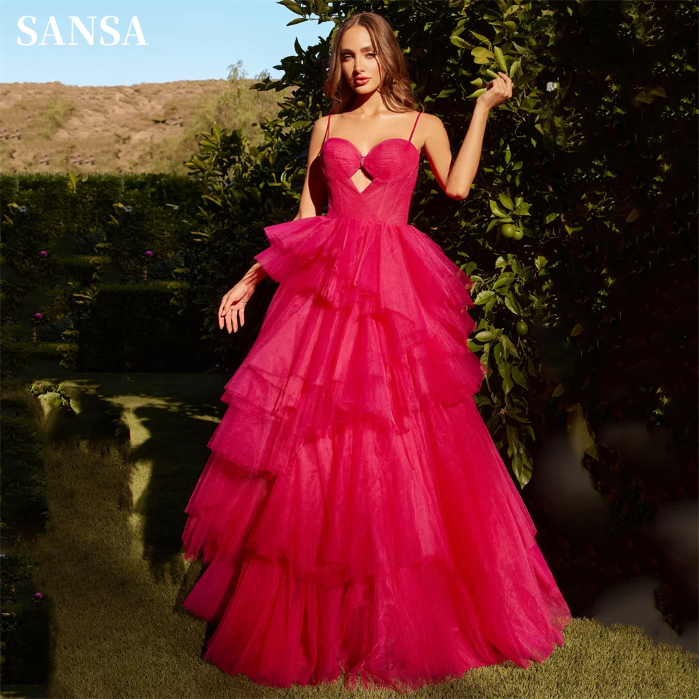 

Sansa Fuchsia Organza Prom Dress Sweet Spaghetti Strap Multilayer Vestidos De Noche Sleeveless Prom Dress Princess فساتين السهرة