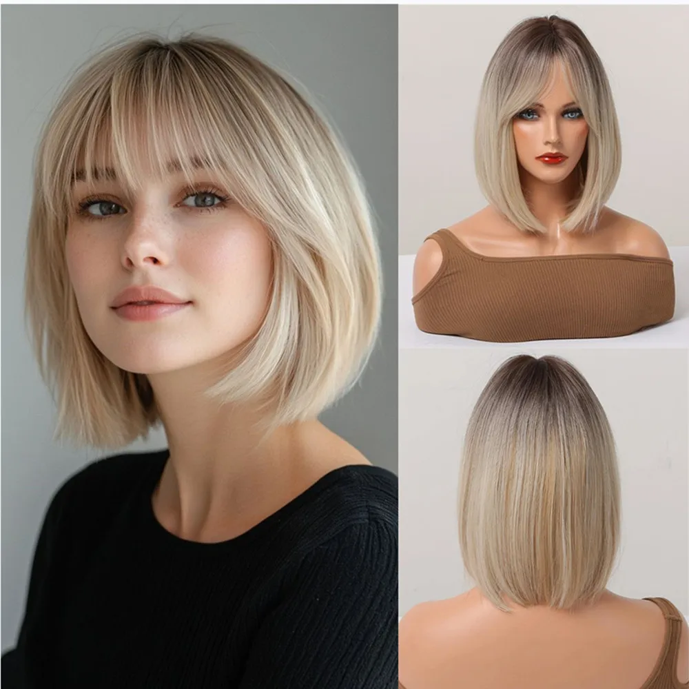 ALAN EATON Short Blonde Synthetic Wig for Women Ombre Blonde Wigs with Bangs Natural Dark Roots Hair Soft Daily Heat Resistant