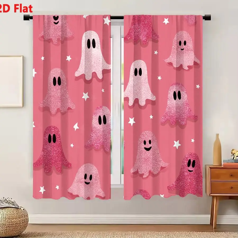 2Pcs Curtains 2D Flat Cute Pink Ghosts Pattern with Shiny Texture and White Stars on Solid Background for Halloween Decoration W