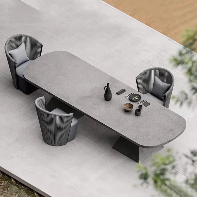 Outdoor Garden Garden Rainproof Sunscreen Table and Chair Tea Seat Dining Table Balcony Rattan Marble Outdoor Furniture Three-pi